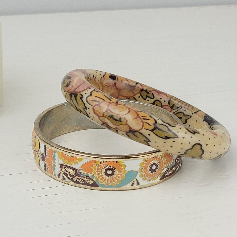 Vintage Cloisonné Boho Bangle and L&P For Oulivado Floral French Bangle Bracelet